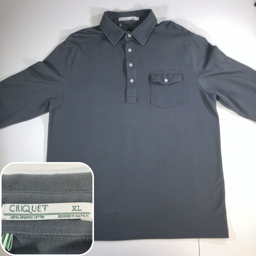 Criquet Long Sleeve Polo Shirt Mens XL Gray 100% Organic Cotton Pique